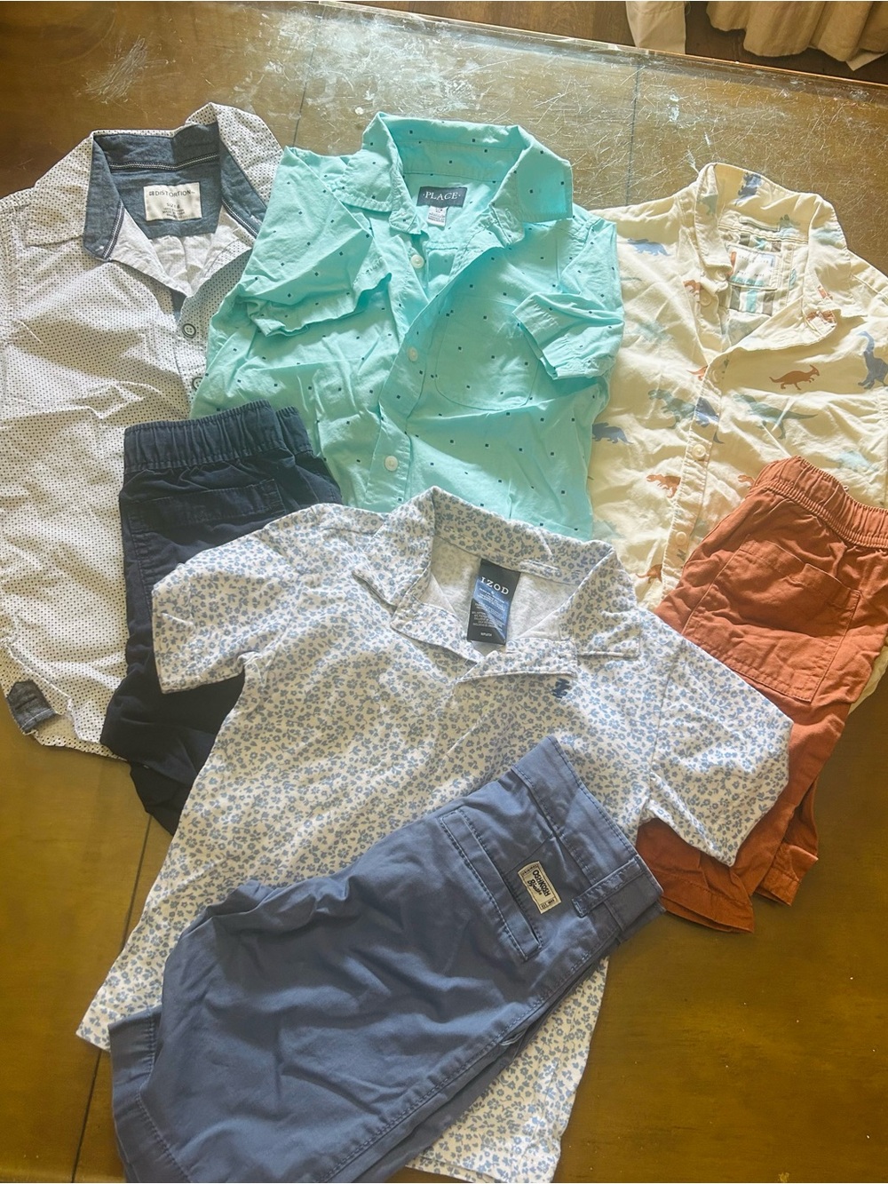 Boys Mixed Button Shirts & Shorts Lot - Mint, Blue, White, Rust colors